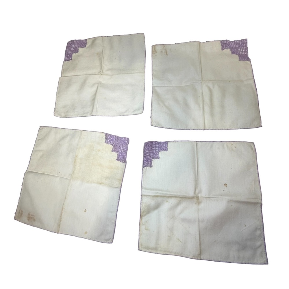 VTG White Linen Napkins Handkerchiefs Hand Crochet Purple Lace Corner Trim #4